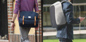 berjalan dengan tas selempan dan tas punggung